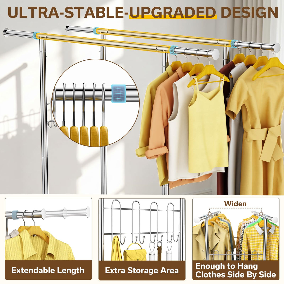 100% Stainless Steel Heavy Duty Clothes Rack Load 960LBS, Double Rod Clothing Rack for Hanging Clothes with