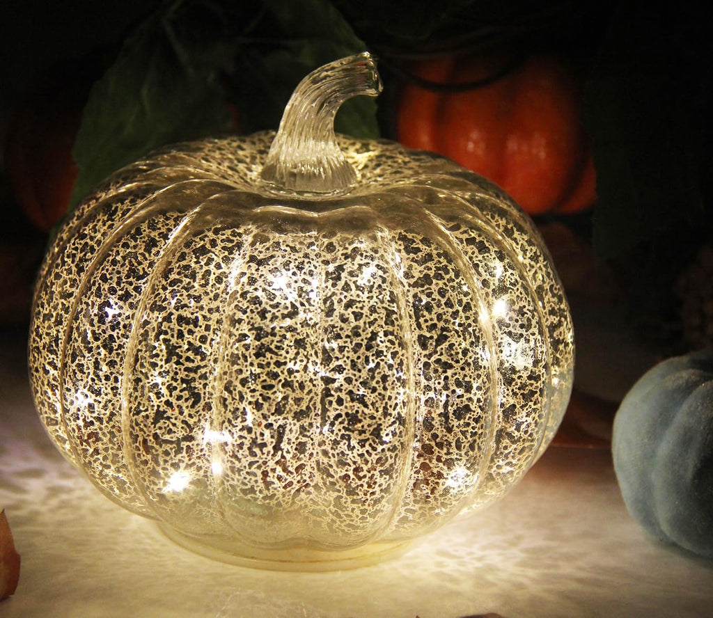 Decorations, Mercury Glass Pumpkin Lights with Timer(Silver)