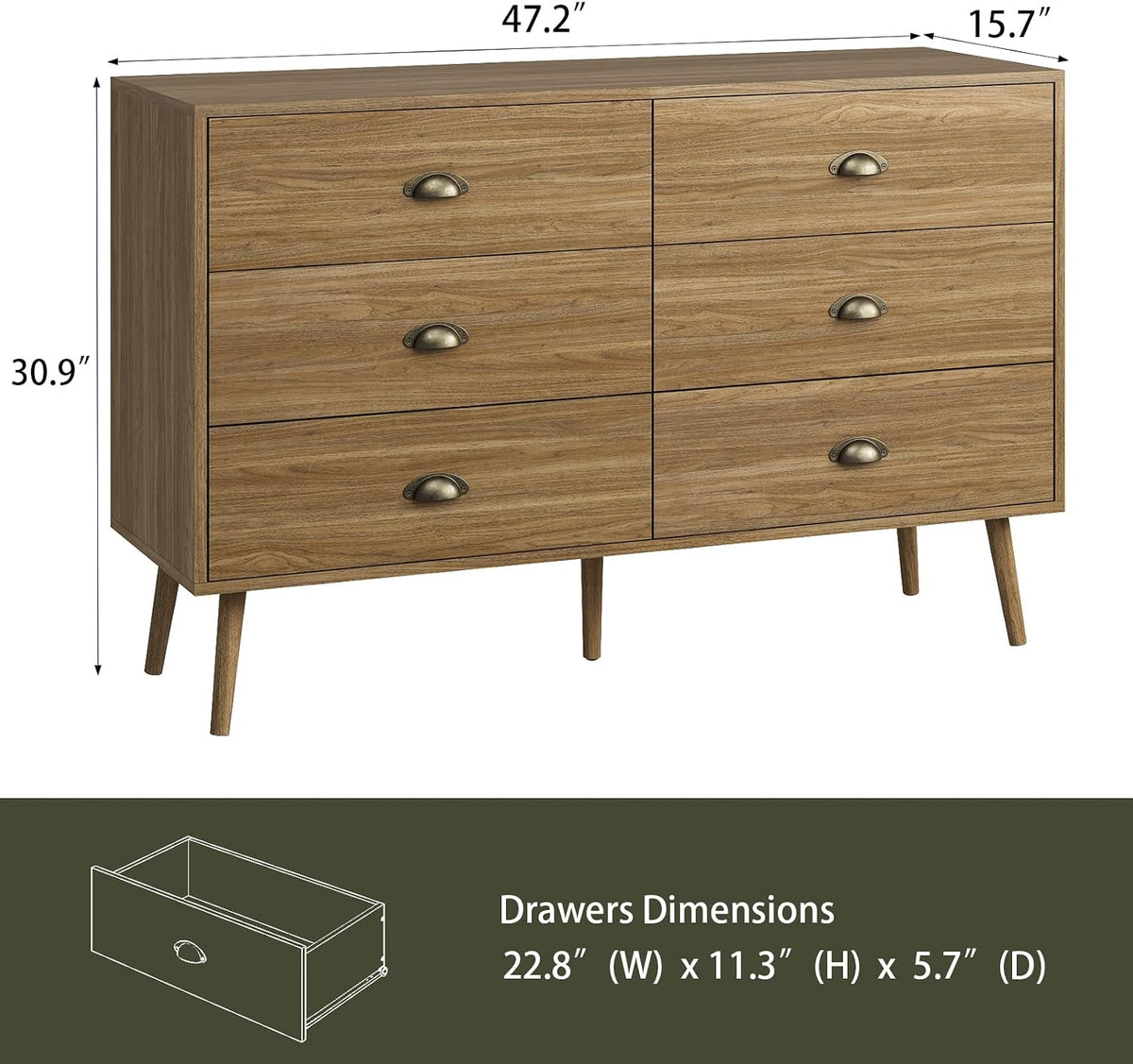 Dresser Wide Mid Century Modern Chest of Drawers,Wooden Bedroom Dresser with 6 Storage Drawers ,Oak