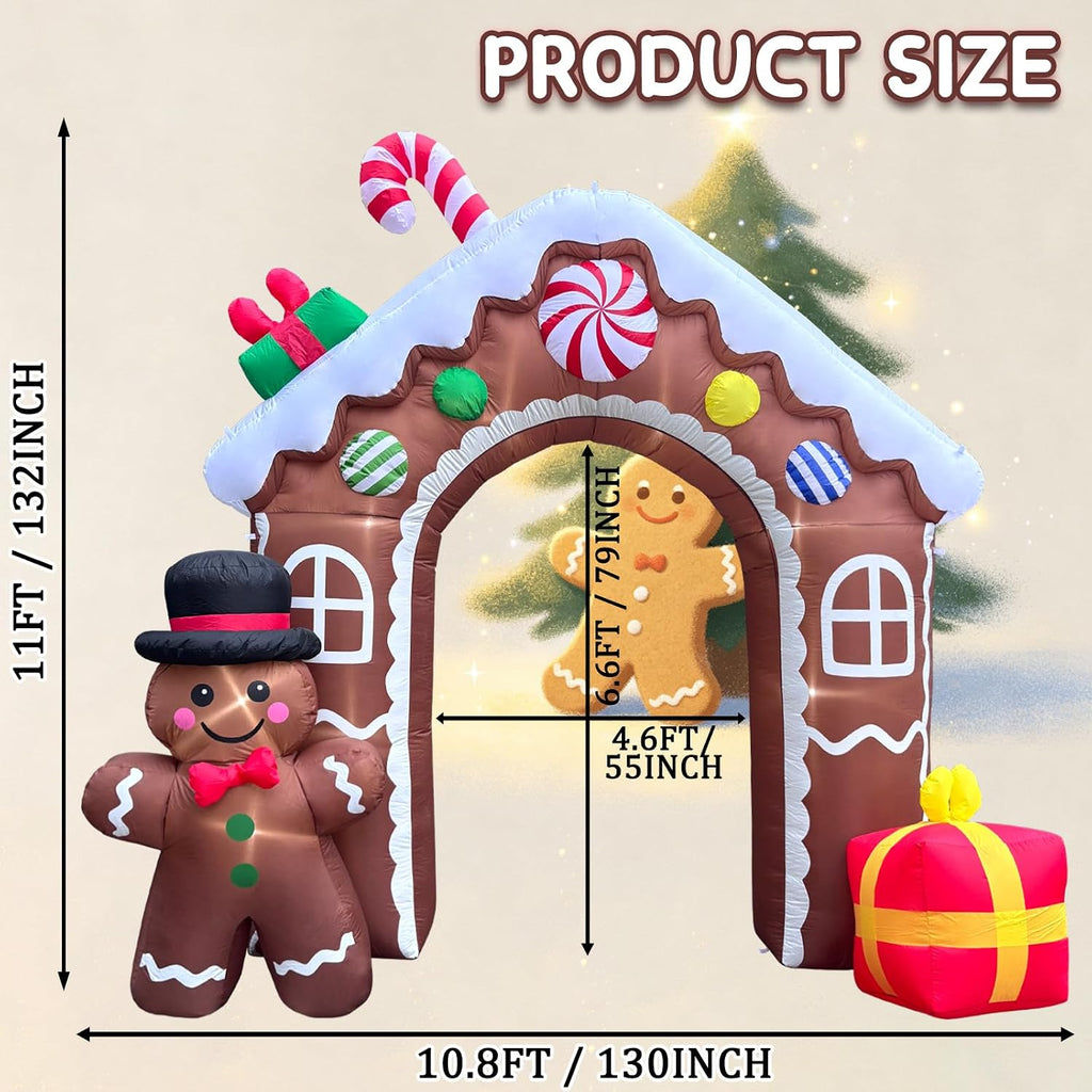 11FT Christmas Inflatable Gingerbread House Archway, Blow Up Cookie House with Candy Cane, Cute Bow Tie Gingerbread