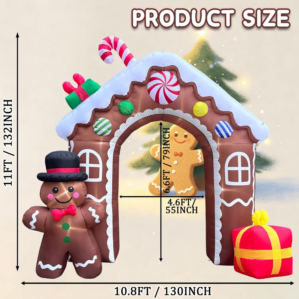 11FT Christmas Inflatable Gingerbread House Archway, Blow Up Cookie House with Candy Cane, Cute Bow Tie Gingerbread