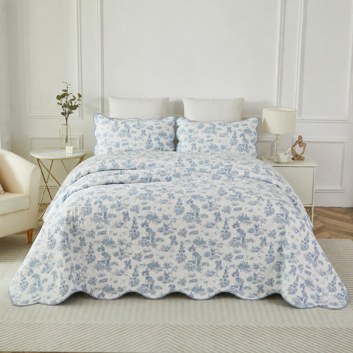 Blue Toile Bedding Full Cotton Quilt Set Pastoral Scenery 3PC