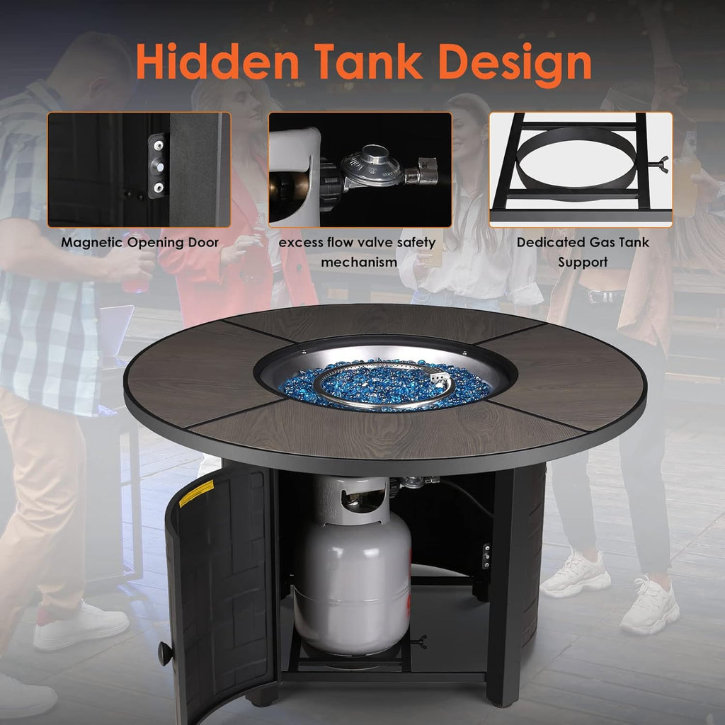 Propane Fire Pit Table 42 Inch Round – 50,000 BTU Outdoor Fire Pit with Lid, Converts to Patio Coffee Table, Certified, Includes Waterproof Cover & Blue Fire Glass
