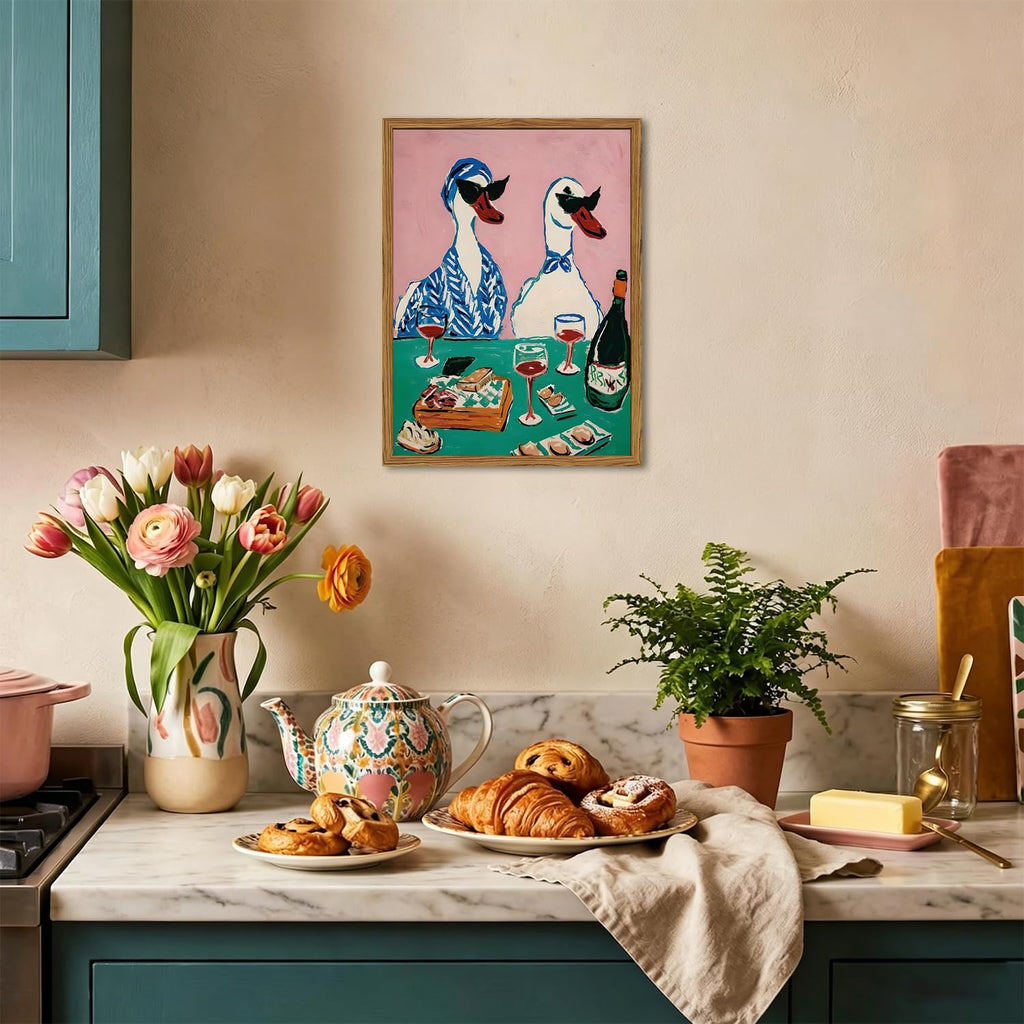 Framed Funny Duck Wall Art, Whimsical Duck Wine Party Pictures Wall Decor, Farmhouse Animal Paintings Canvas Prints