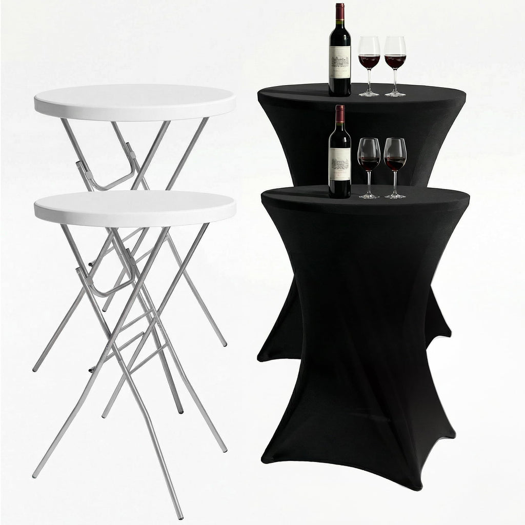 2-Pack 28 Inch Round Folding High Top Cocktail Tables with Dual Black Tablecloths, Portable Bar Height Bistro Set