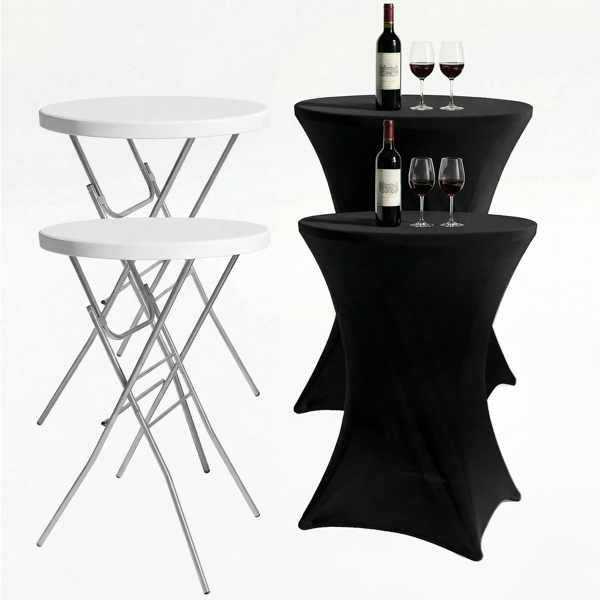 2-Pack 28 Inch Round Folding High Top Cocktail Tables with Dual Black Tablecloths, Portable Bar Height Bistro Set