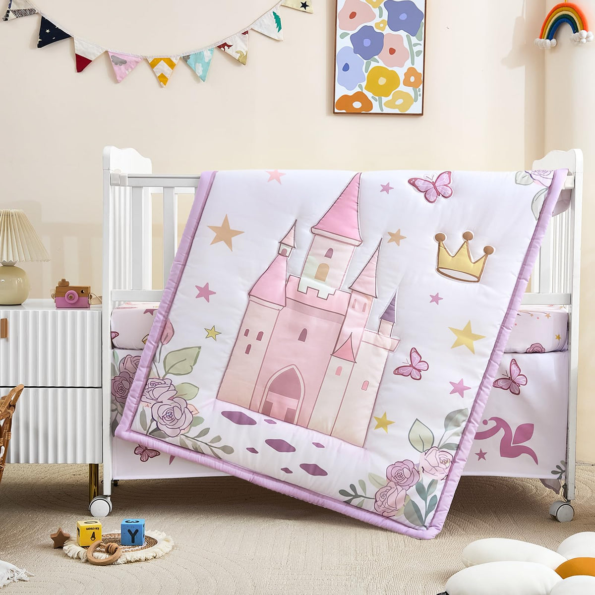 3-Piece Crib Bedding Set for Girls - Ultra Soft Baby Bedding Set Includes Crib Comforter, Sheet & Skirt (Purple)