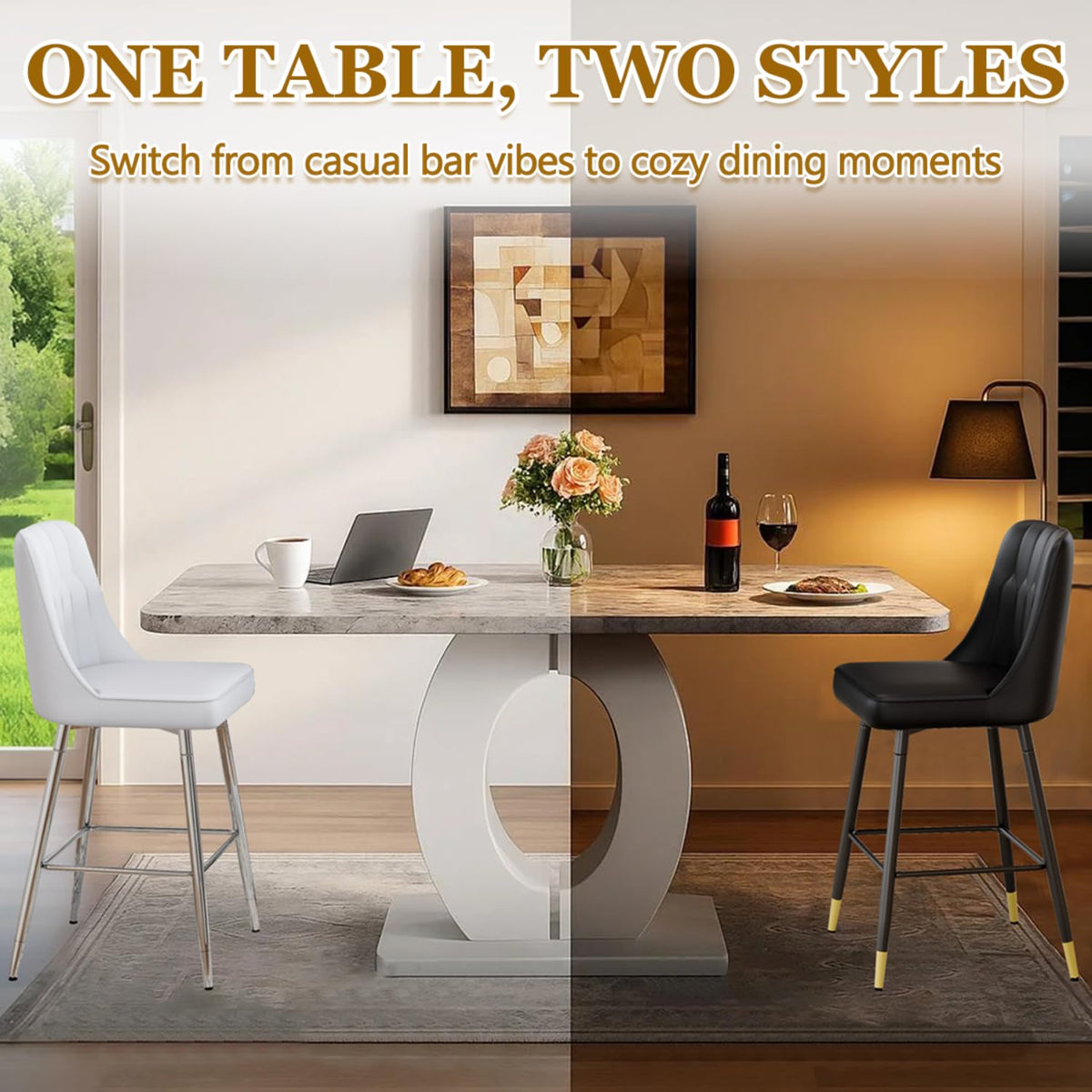 63'' Marble Dining Table Set for 4, Modern Counter Height Dining Table Set, Grey High Top Table with Leather Bar