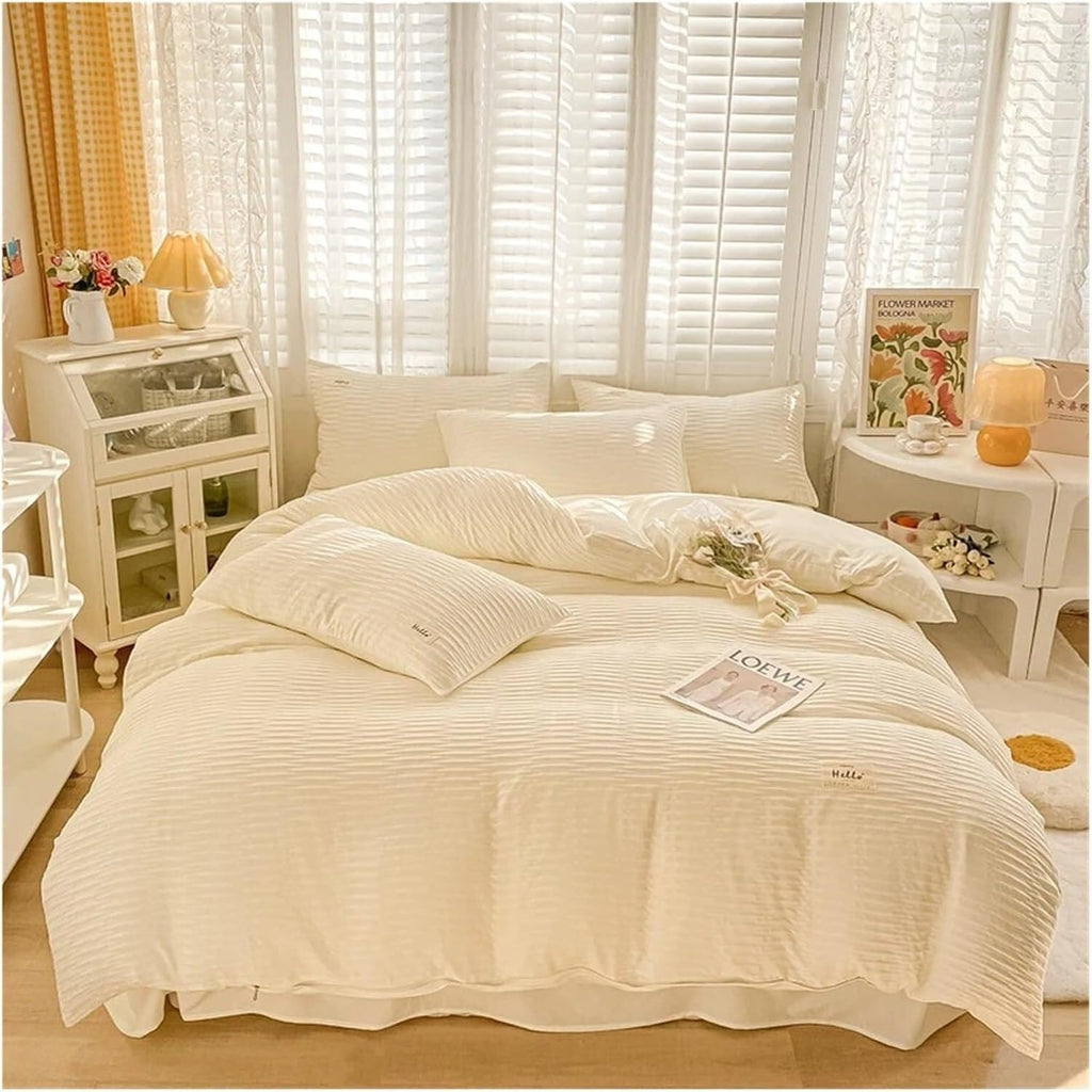 Double Faced Seersucker Fabric Bedding Set Soft Double Duvet Cover Bedding Set(Green)