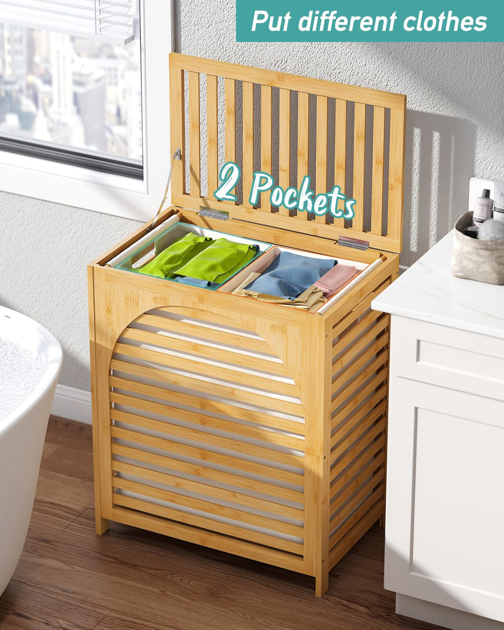 Hamper with Lid, 27.3 Gallon (103L) Bamboo Wood Clothes Laundry Basket with Lid and Handles, Removable Liner