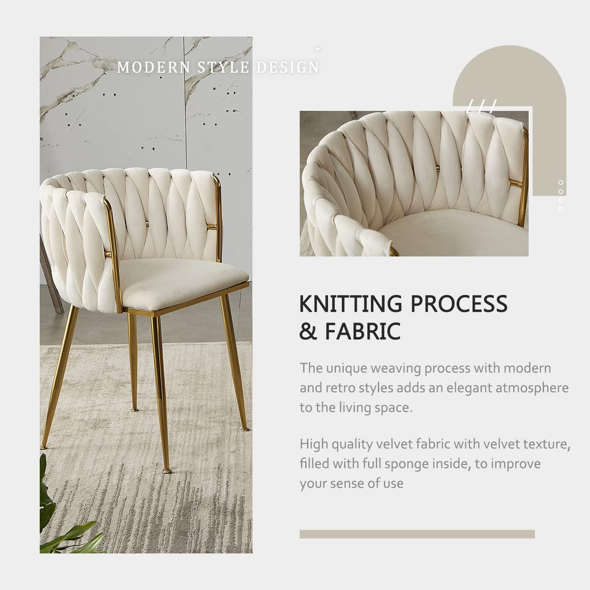 Velvet Dining Chairs Set of 4, Modern Dining Chair with Golden Metal Legs, Woven Upholstered Dining Chairs for Dining