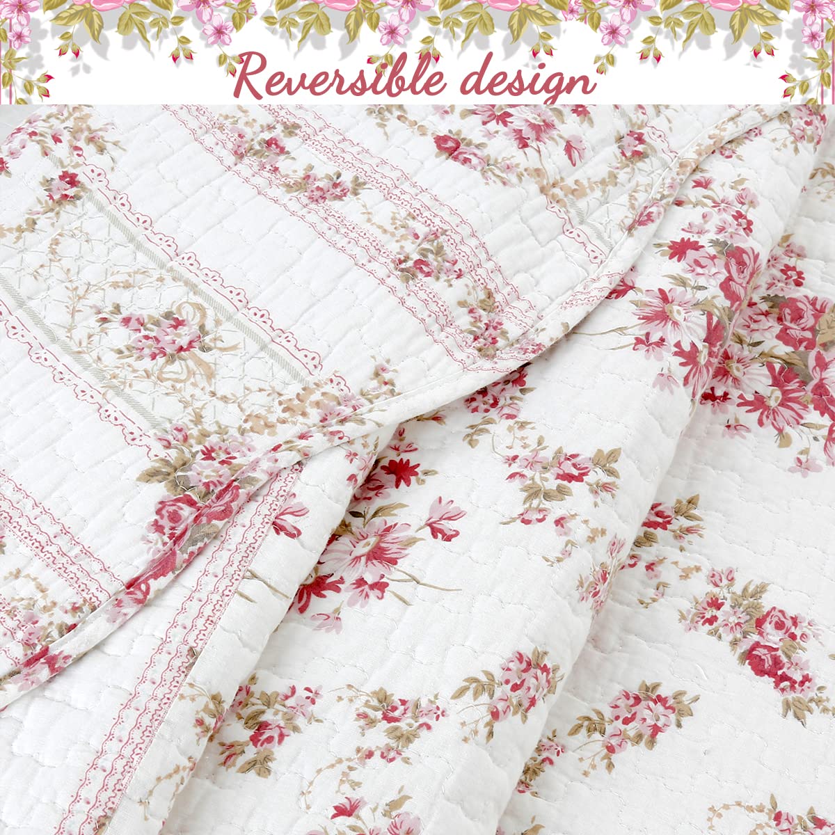 Line Home Fashions 100% Cotton Quilt Bedding Set, Pink Floral Reversible Coverlet Bedspread (Vintage Rose - 3