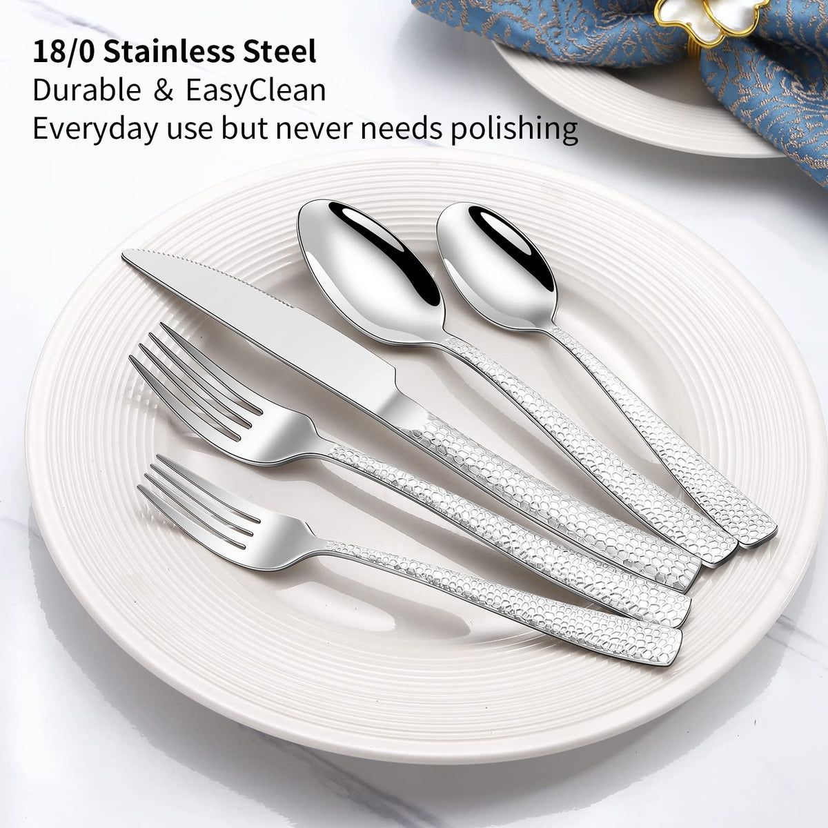 20-Piece Silverware Set, Stainless Steel Hammered Flatware Set for 4