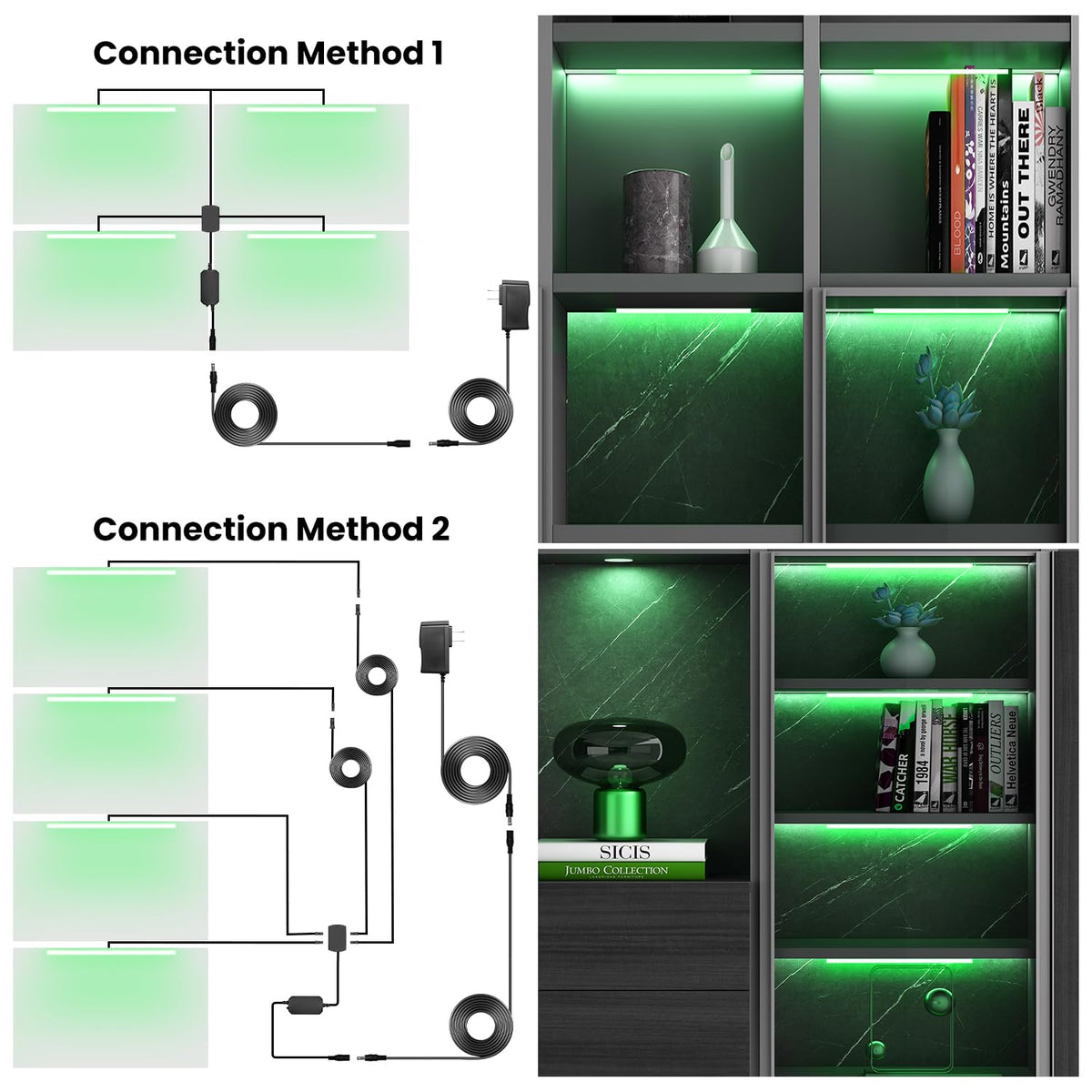 Black RGB LED Shelf Lights, Smart Bookshelf Lights Compatible with Alexa WiFi Dimmable for Display Case, Bookcase