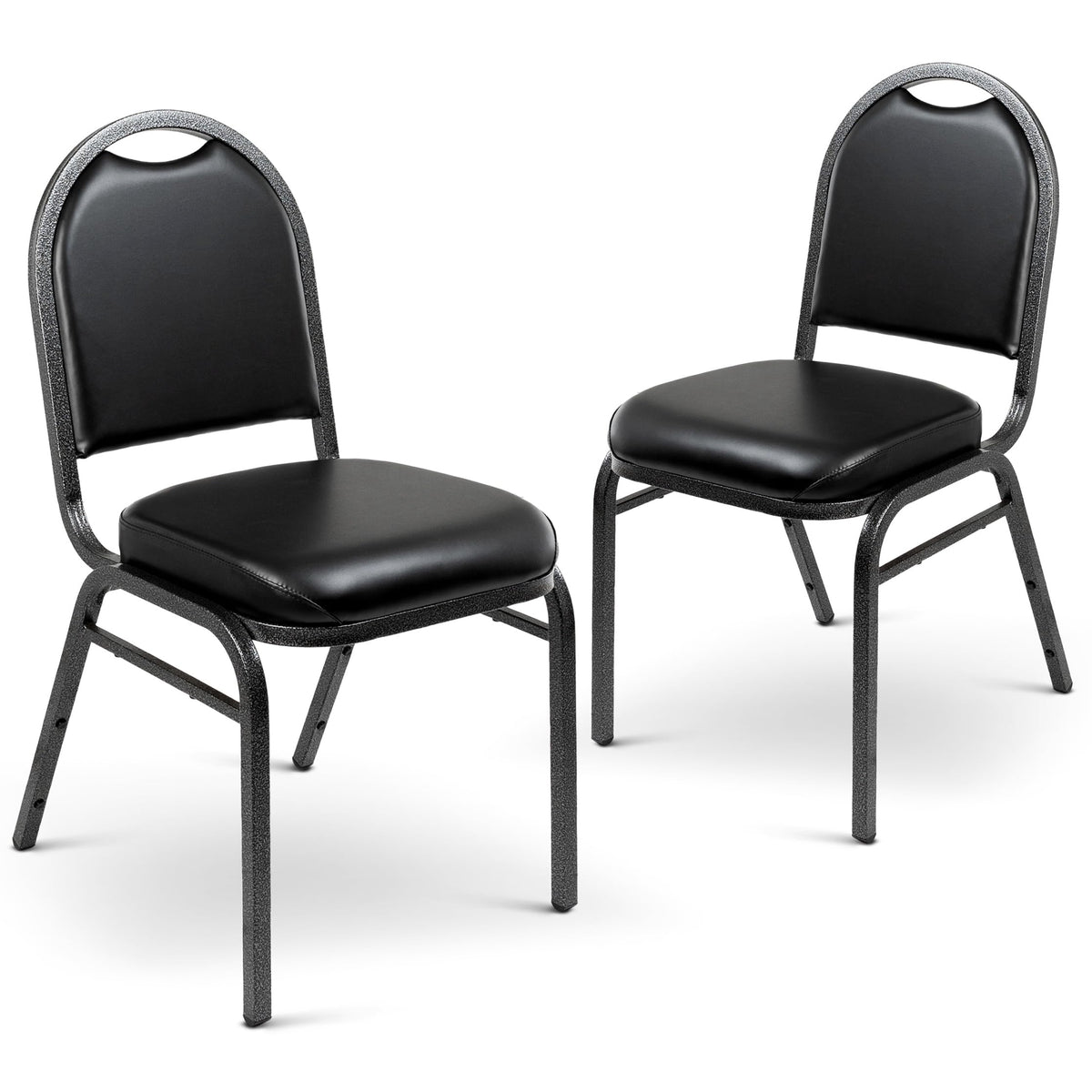 2 Commercial-Grade Dome Back Banquet Stack Chair (Black Vinyl, Silver Powder-Coated Frame, 2-Pack)