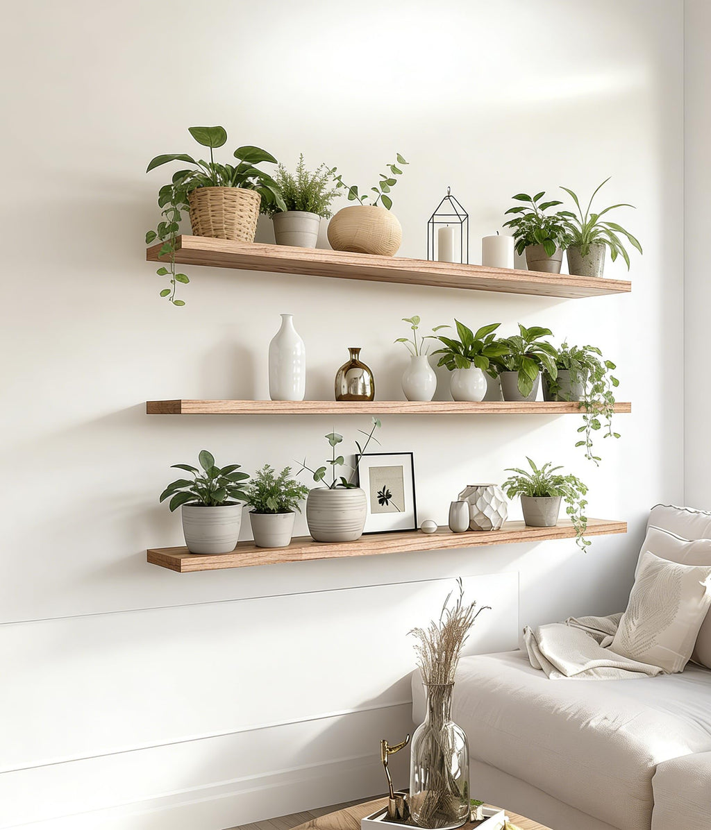 48 Inch Rustic Wood Floating Shelves Farmhouse Wooden Wall Shelves Bedroom Living Room Kitchen Office Set of 4 Light