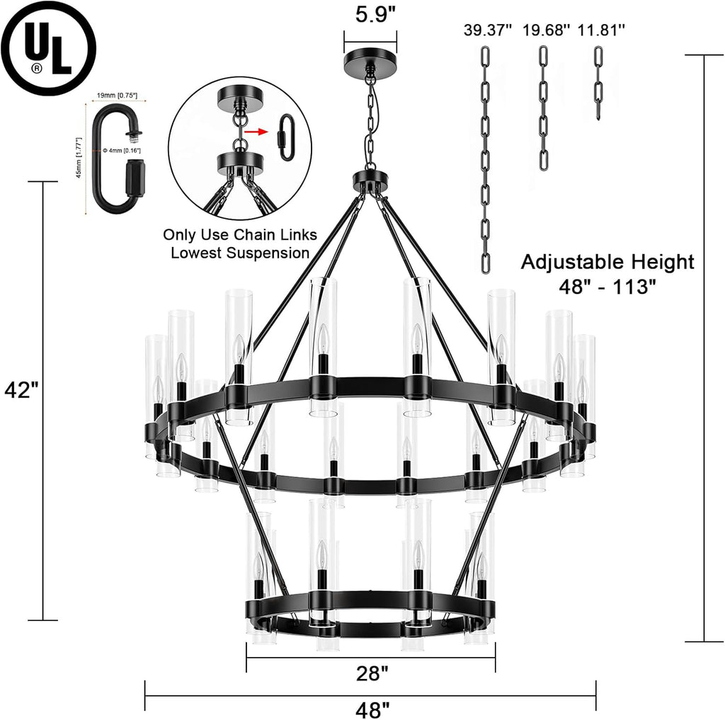 Inspired Ravelle Style 48 Inch Black Wagon Wheel Chandelier 2 Tier with Glass Shade, 24 Lights, Modern Farmhouse Style, Ideal for Dining Room, Kitchen, Entryways