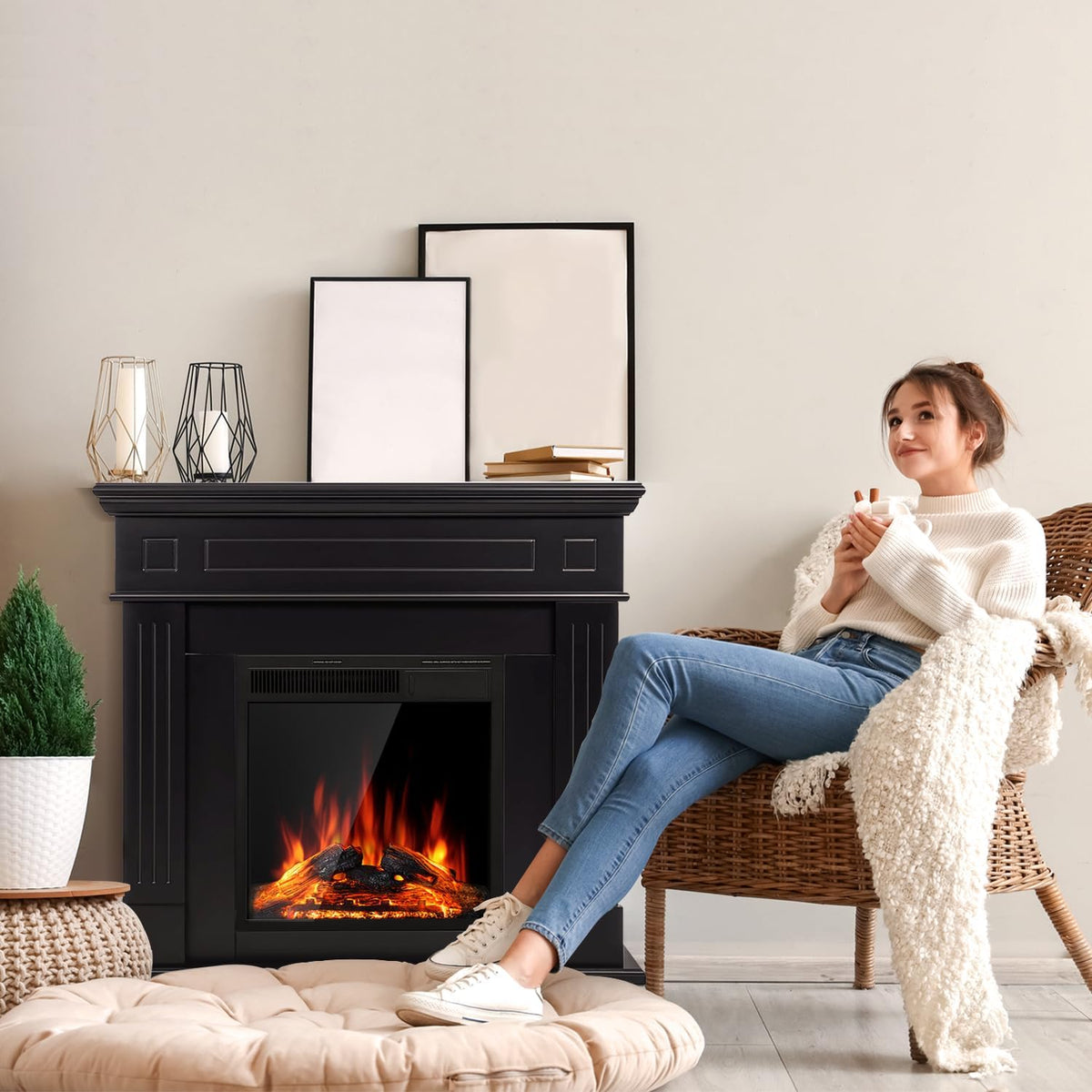 43 Inch Freestanding Electric Fireplace Mantel Heater with Remote Control, Adjustable LED Flame, 750W/1500W, Black