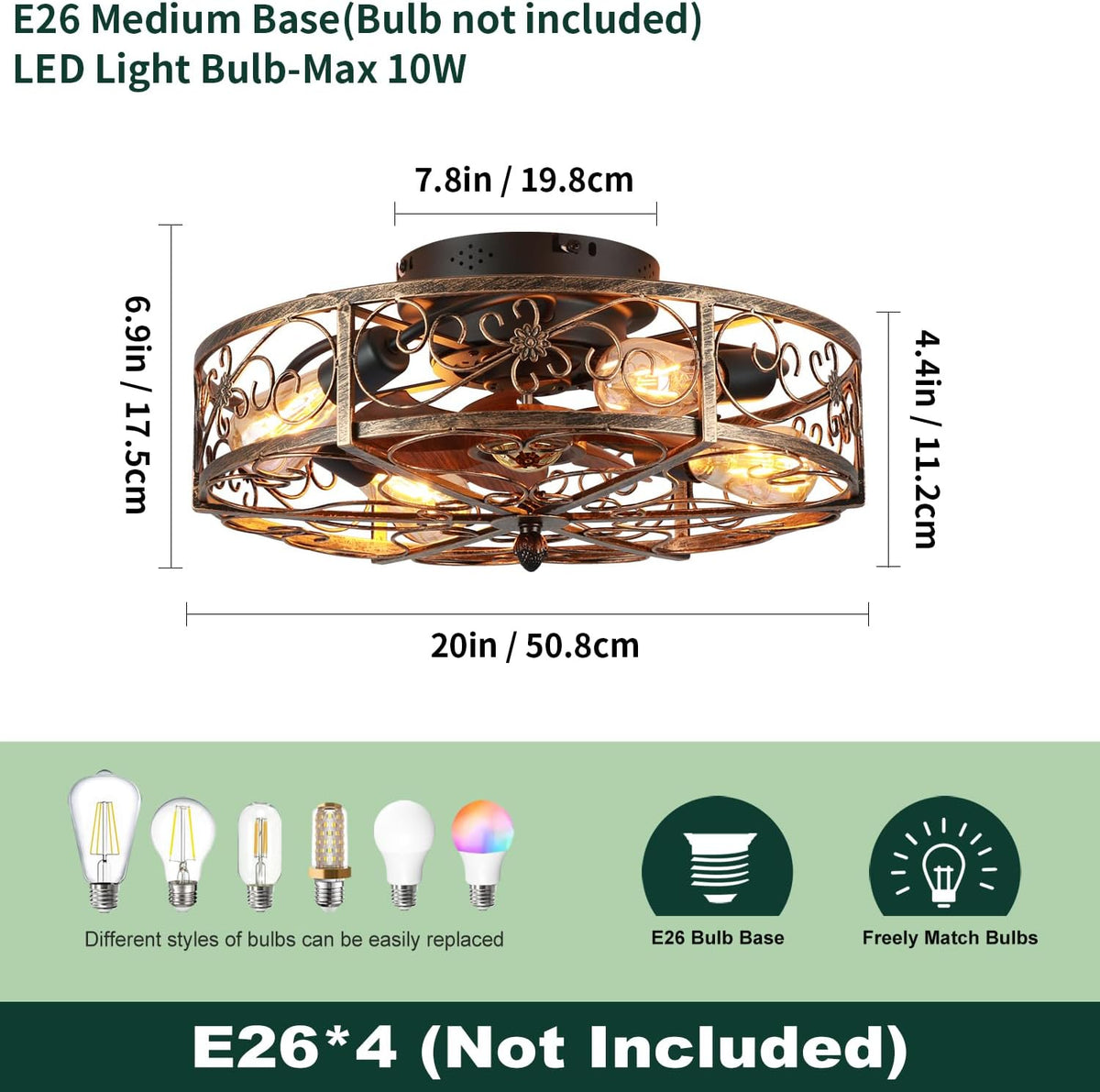 20" Flush Mount Caged Ceiling Fan with Light & Remote