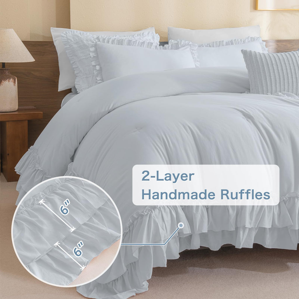 Ruffled Comforter Set for Queen Bed, 3 Pieces Vintage Farmhouse Shabby Bedding Set Lightweight Ultra Soft French