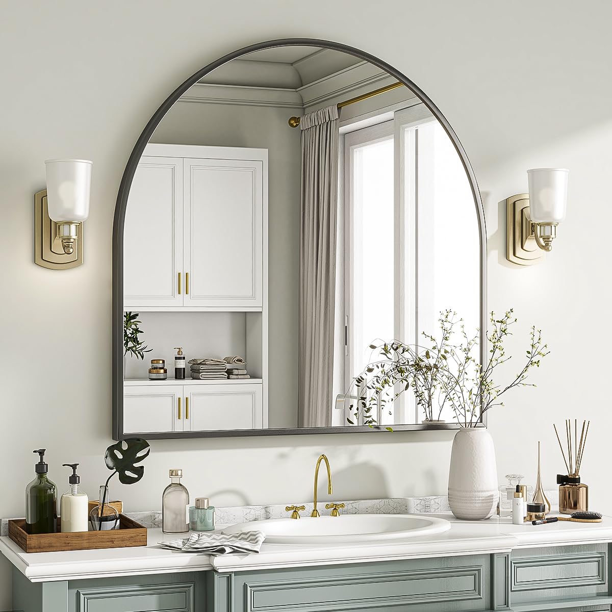 Wide Arched Wall Mirror, 31 x 32 inch Arch Bathroom Mirror Black