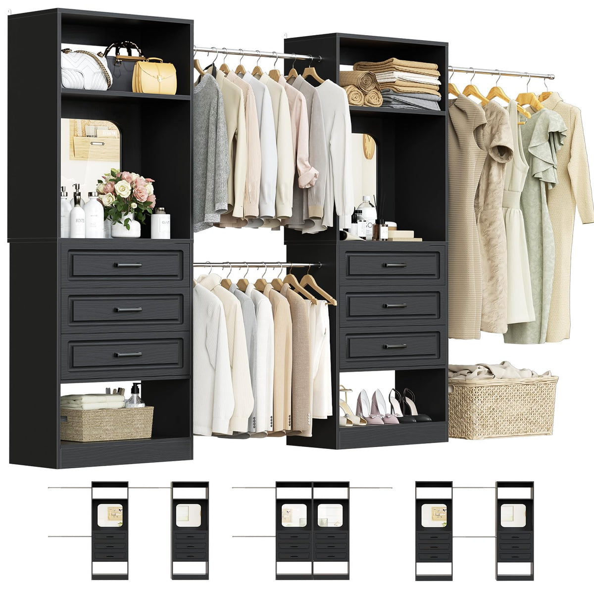 6-14FT Wood Closet System with 6 Drawers and Mirror, Black