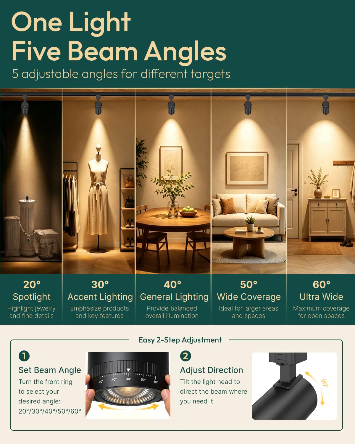 15W J Type Track Lighting Heads 1200LM, Adjustable Beam Angles 20° 30° 40° 50° 60°, 2700K 3000K 3500K 4000K