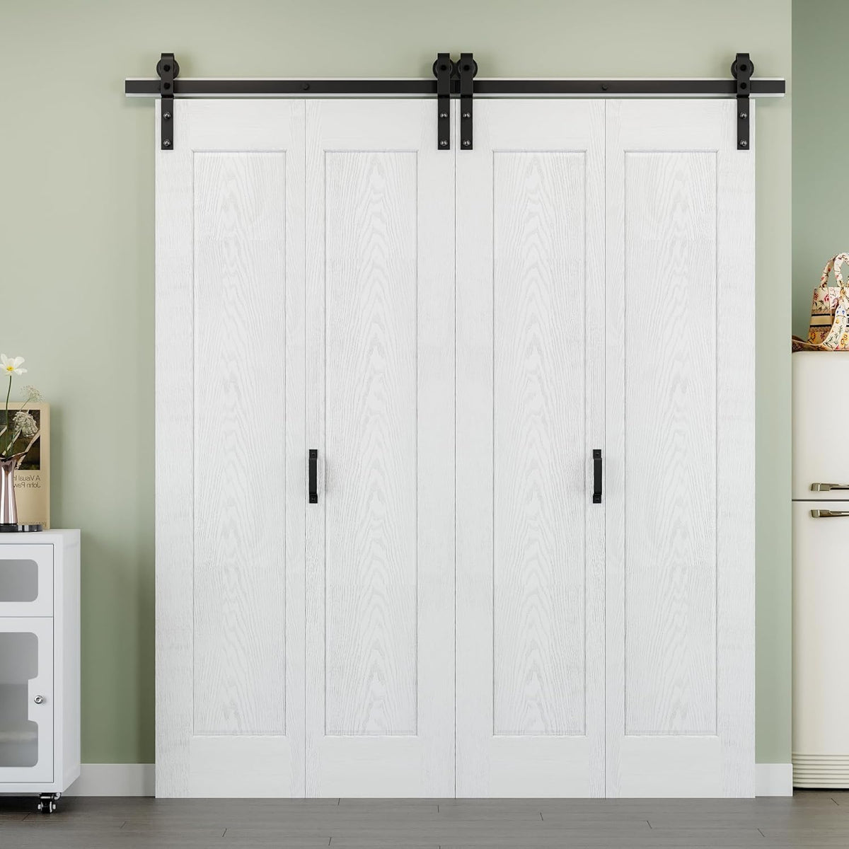 72" x 84" 1 Panel Bifold Barn Door, 80" Track Kit for 4 Closet Doors, Pre-Assembled Panel Bi-fold Barn Door for Pantry