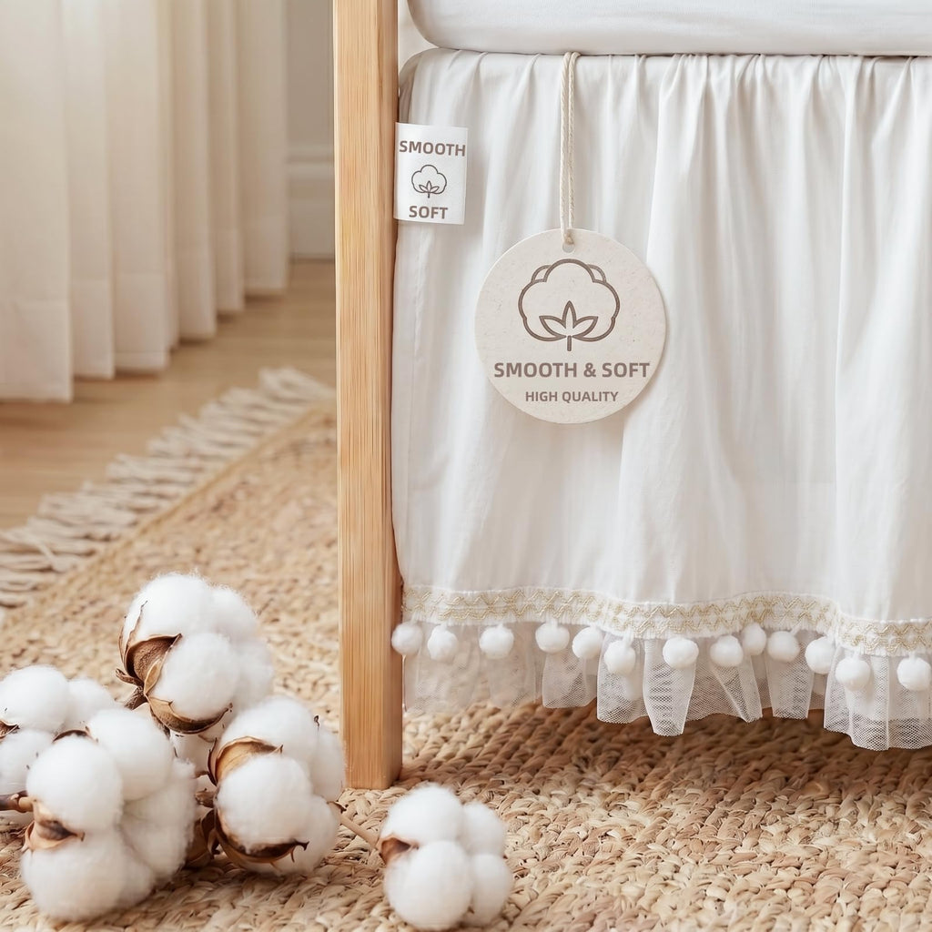 Baby Crib Skirt with Pompoms Pleated Dust Ruffle for Unisex Baby Boys or Girls Soft Breathable Nursery Crib Toddler