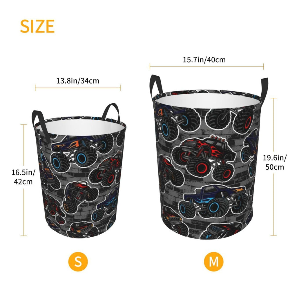 Monster Truck Boys Style Round Laundry Hamper Storage Basket Toys Clothes Organizer Bin Bathroom Bedroom Dorm
