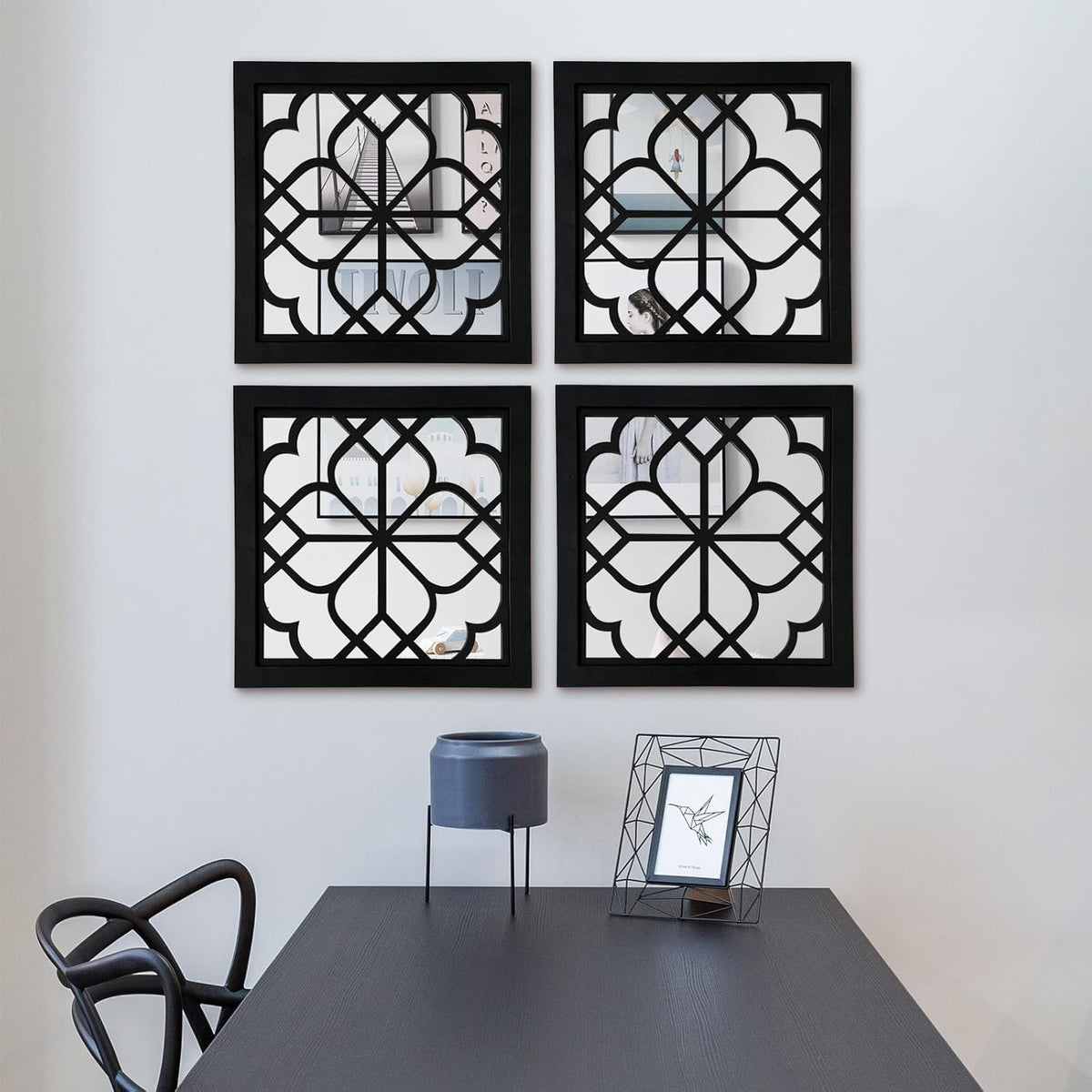 Set of 4 Wooden Rustic Square Wall Mirror Vintage Style Decorative Entry Mirror Farmhouse Wall Decoration Bedroom