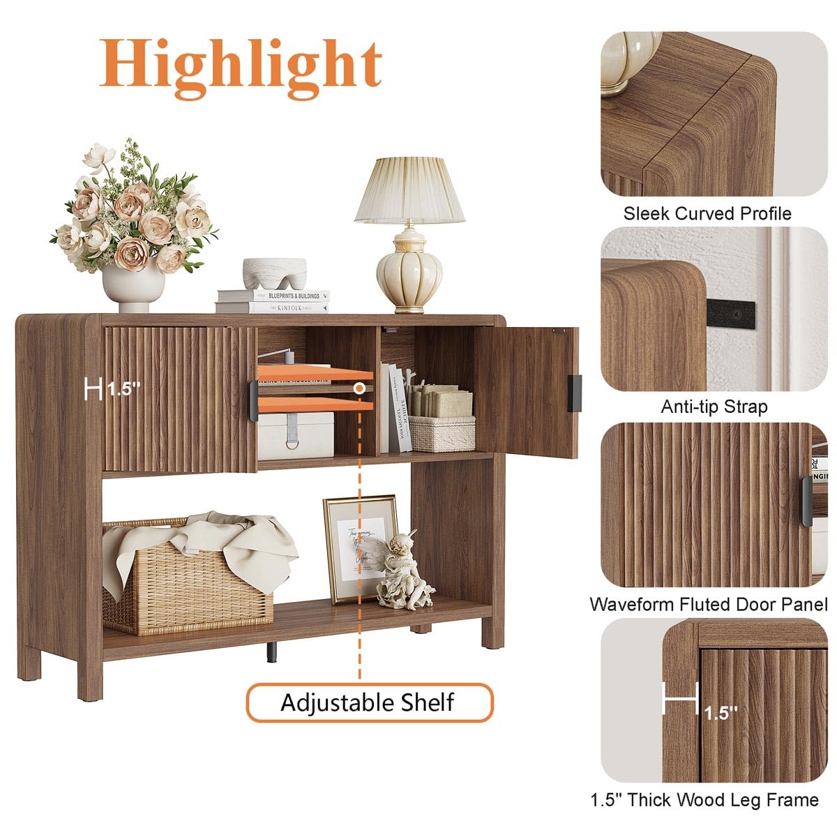 Farmhouse Console Table with 2-Door Cabinet, Retro Entryway Table with Storage Shelf, 43.31 inch Sofa Table Buffet