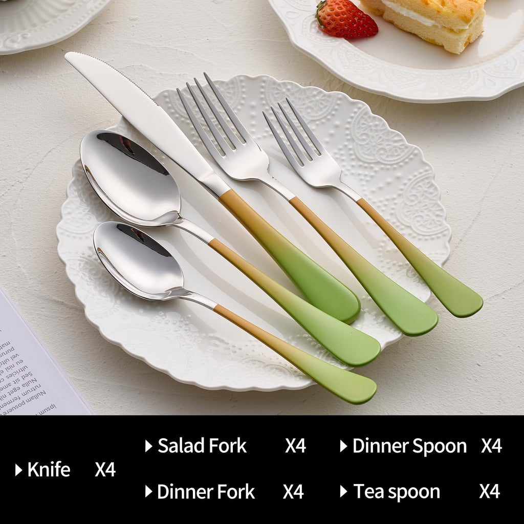 20-Pieces Color Silverware Sets for 4,Green and Orange Handle Stainless Steel Cutlery Set, Include Forks Spoons and