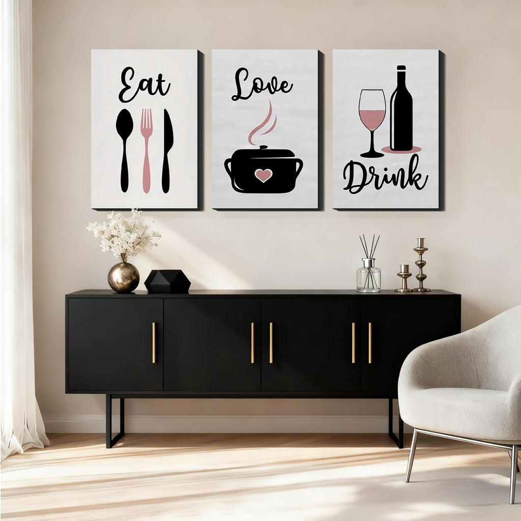 3 Piece Big Wall Art - Eat Love Drink Kitchen Decor, Dining Utensil/Wine Prints, Oversize Wall Art Adding Charm to