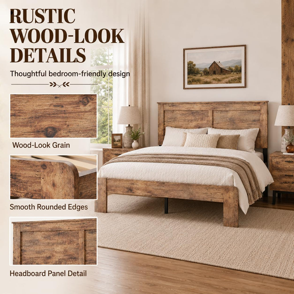 Rustic Wood Bed Frame with Headboard