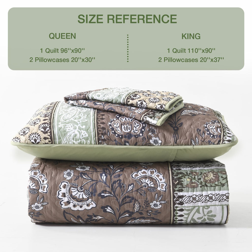 Patchwork Quilt Bedding Set, Boho Bedspread, Brown Green