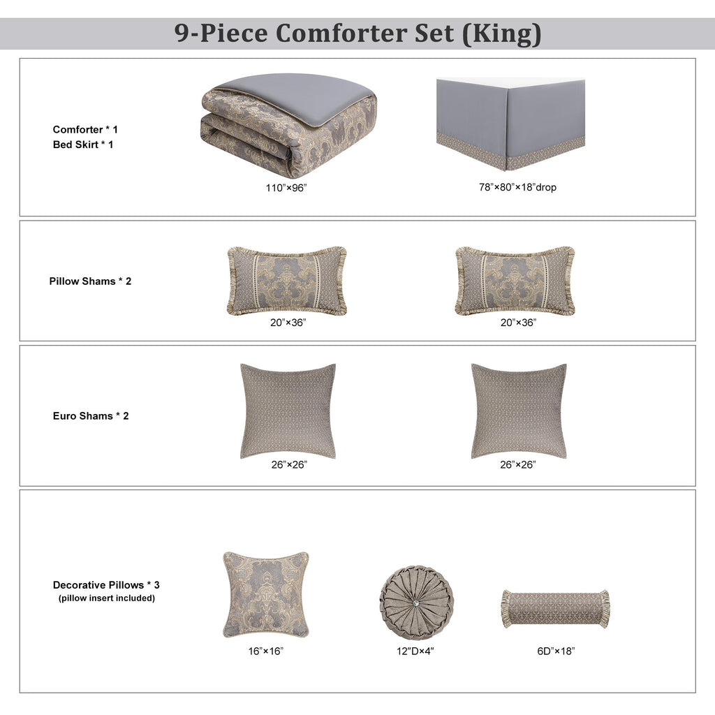9-Piece Luxury Jacquard Comforter Set, Gray+Beige Brown