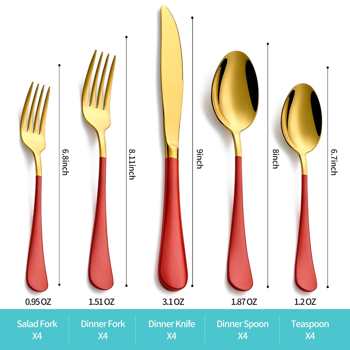 20-Piece Gold and Red Silverware Set for 4, 18/0 Stainless Steel Flatware Cutlery Utensils Set, Include Dinner
