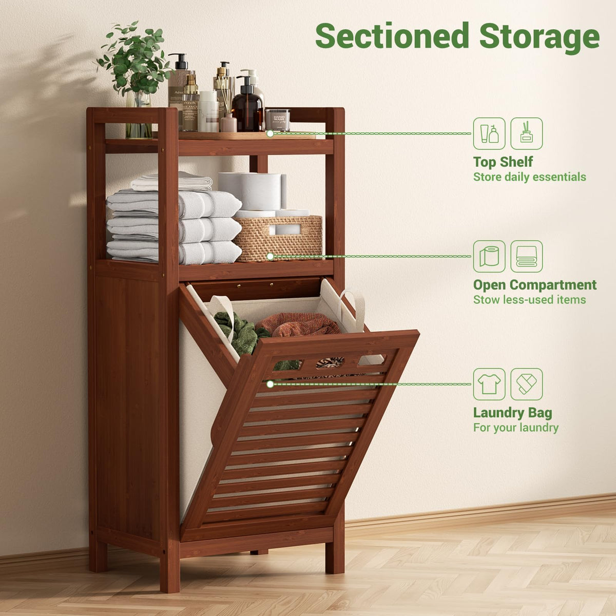 Bamboo Tilt Out Laundry Hamper Cabinet with Removable Bag, Walnut