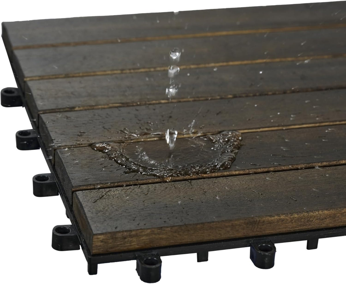 10 Pcs Outdoor Interlocking Deck Tiles, 12"x12" Acacia Wood Tiles for Patio, Porch, Balcony & Poolside, Striped