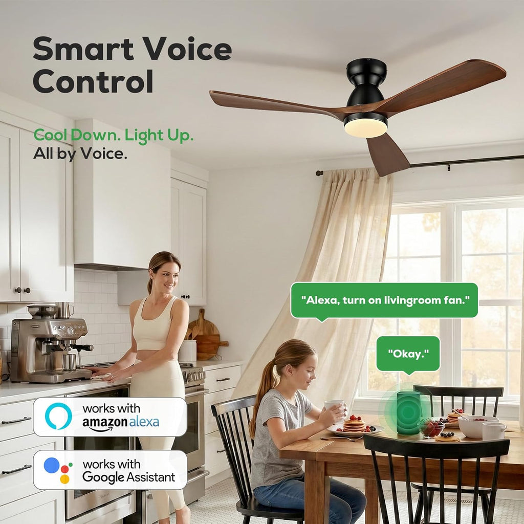 60" Walnut Indoor/Outdoor Smart Flush Mount Ceiling Fan with Light & Remote