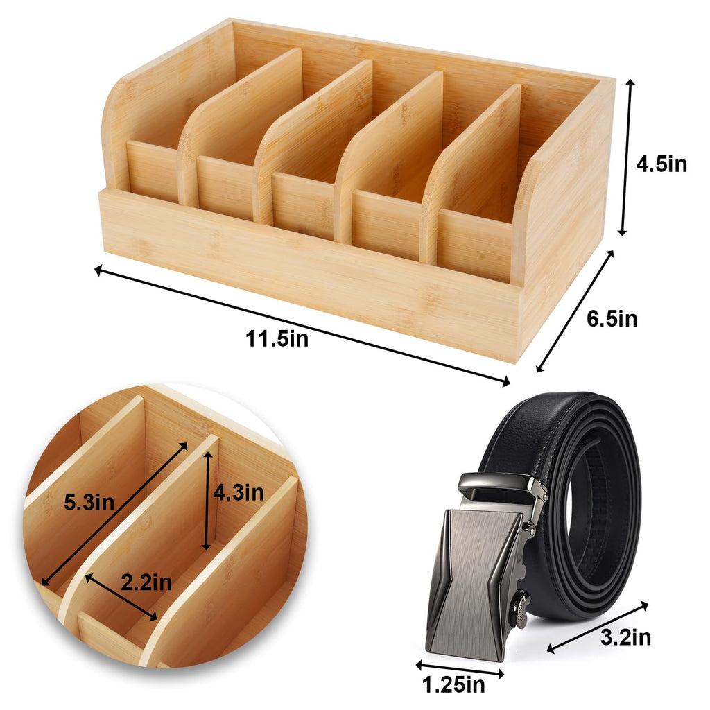 Belt Organizer, 5 Compartments Belt Organizer for Closet and Drawer, Bamboo Display Case for Tie and Belt, Belt