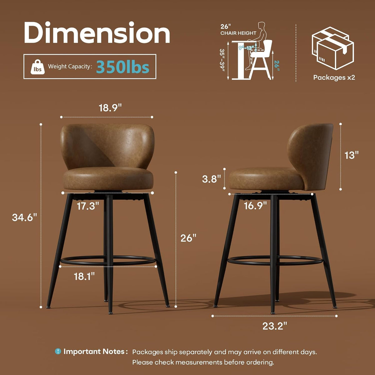 Bar Stools Set of 4, 26" Counter Height Swivel Leather Bar Stools, Upholstered Barstools with Back & Footrest Metal