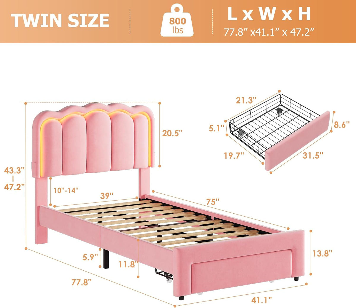 Twin Upholstered LED Bed Frame with Storage Drawer and Adjustable Chic Double Wavy Headboard, Velvet Princess