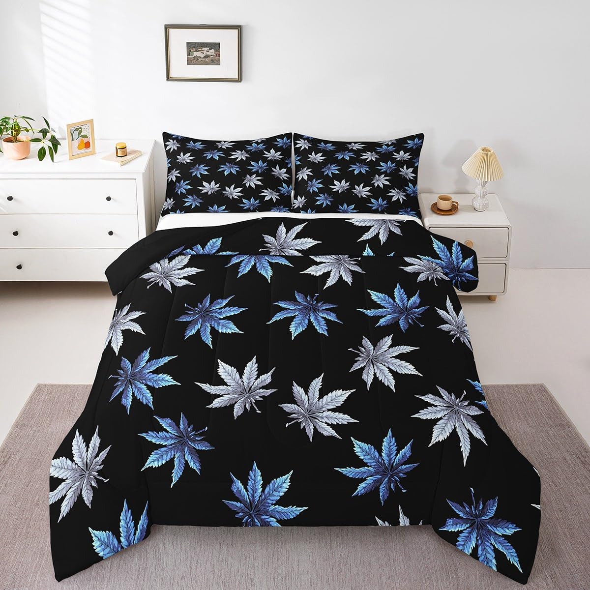 Teal Leaves Comforter Set, Leaves Bedding for Women Men Adults, Tropical Botanical Bedding Comforter Sets, Exotic