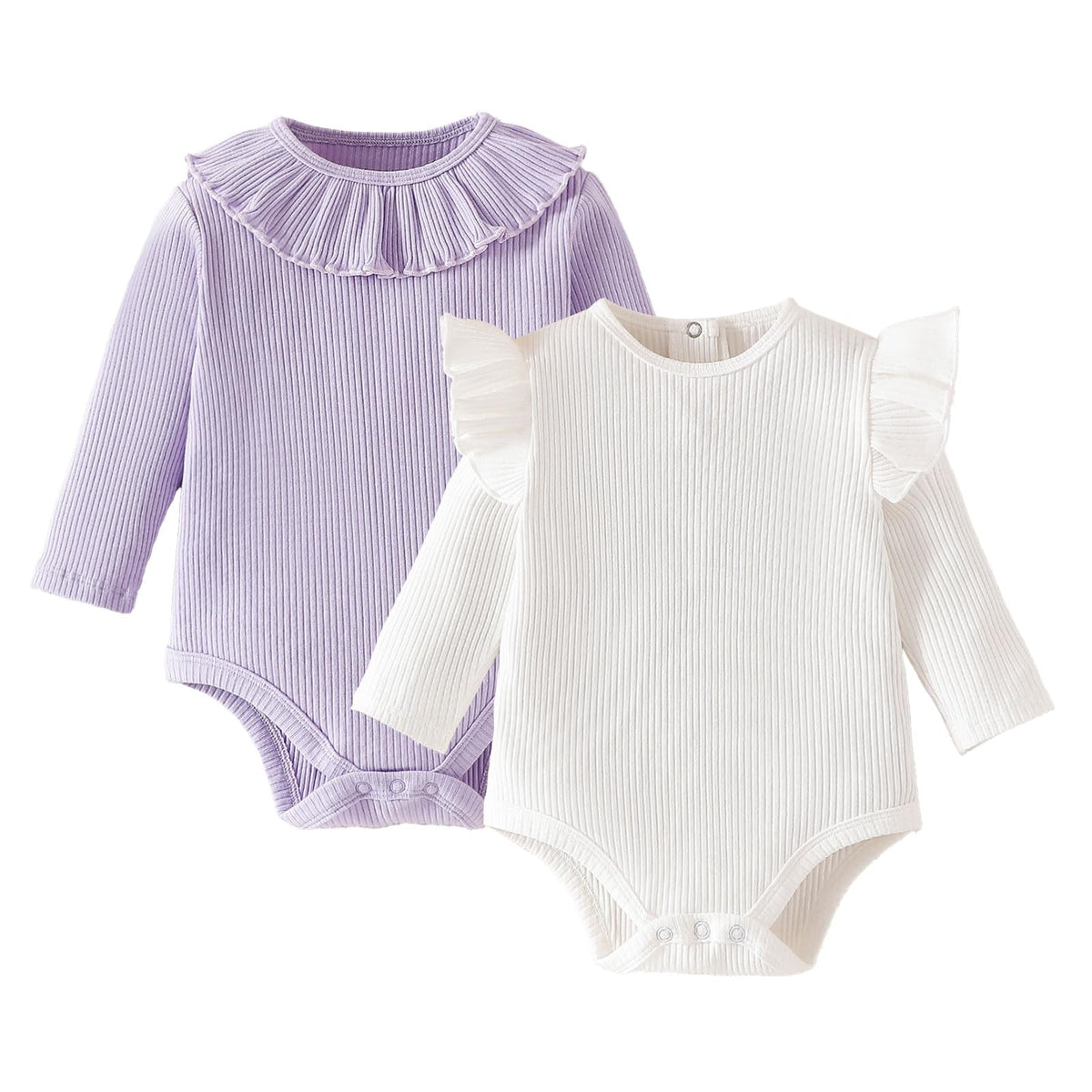 Baby Girl Bodysuit 2 Pack, Long Sleeve Ribbed Knitted Onsies Ruffle Collar and Flutter Sleeve Fall Winter