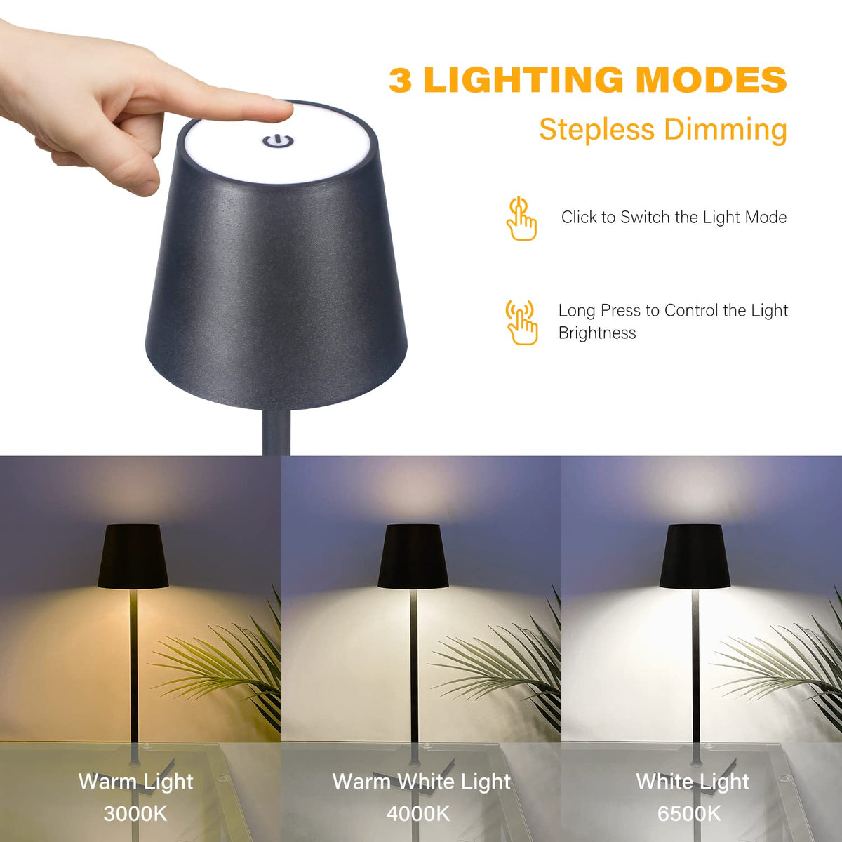 2 Pack Cordless Table Lamps, 3 Colors Stepless Dimming, 5000mAh Rechargeable Battery LED Desk Lamp /Couple
