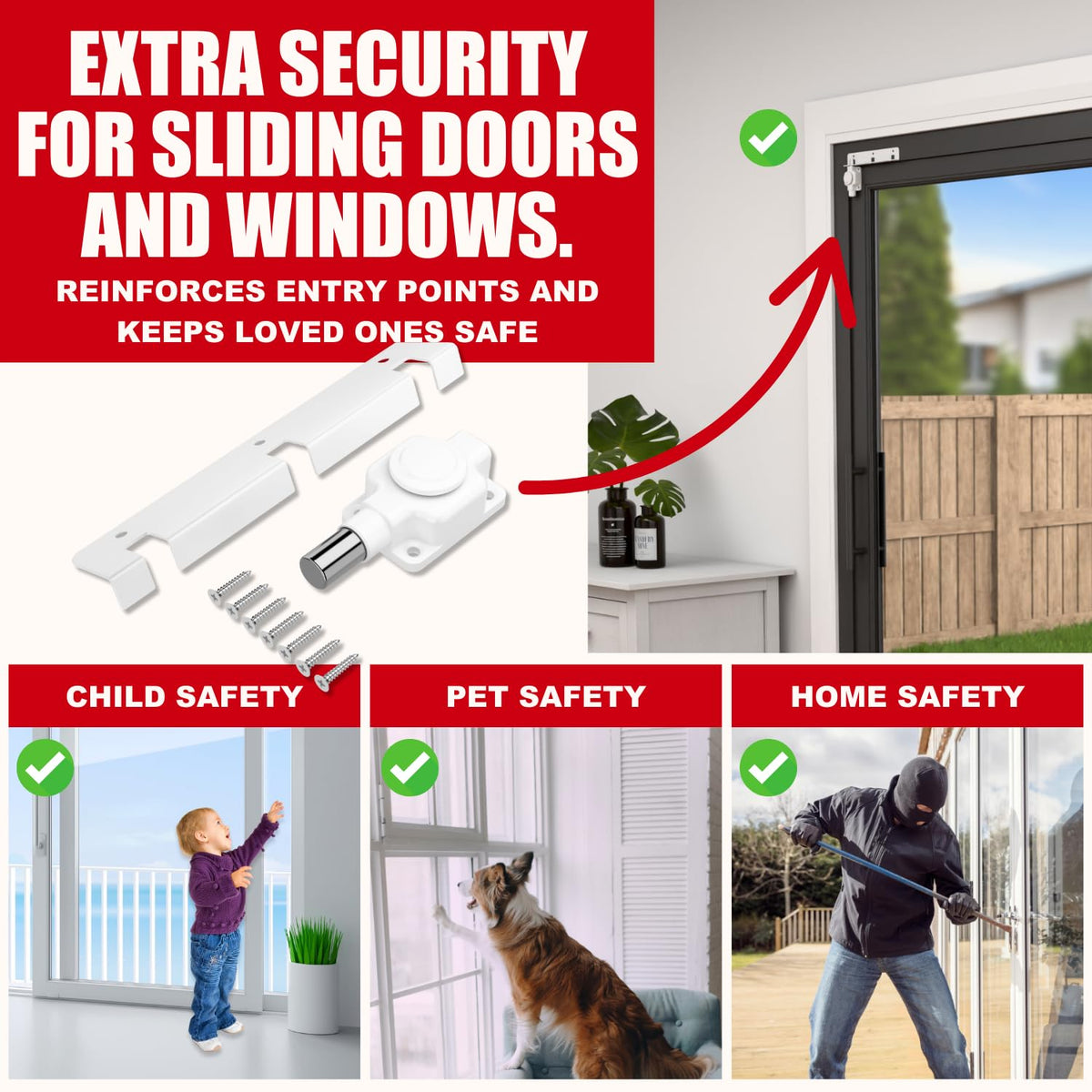 Sliding Door Lock | Sliding Glass Door Lock for Child Safety, Pet, Patio, & Adjustable Ventilation with Button