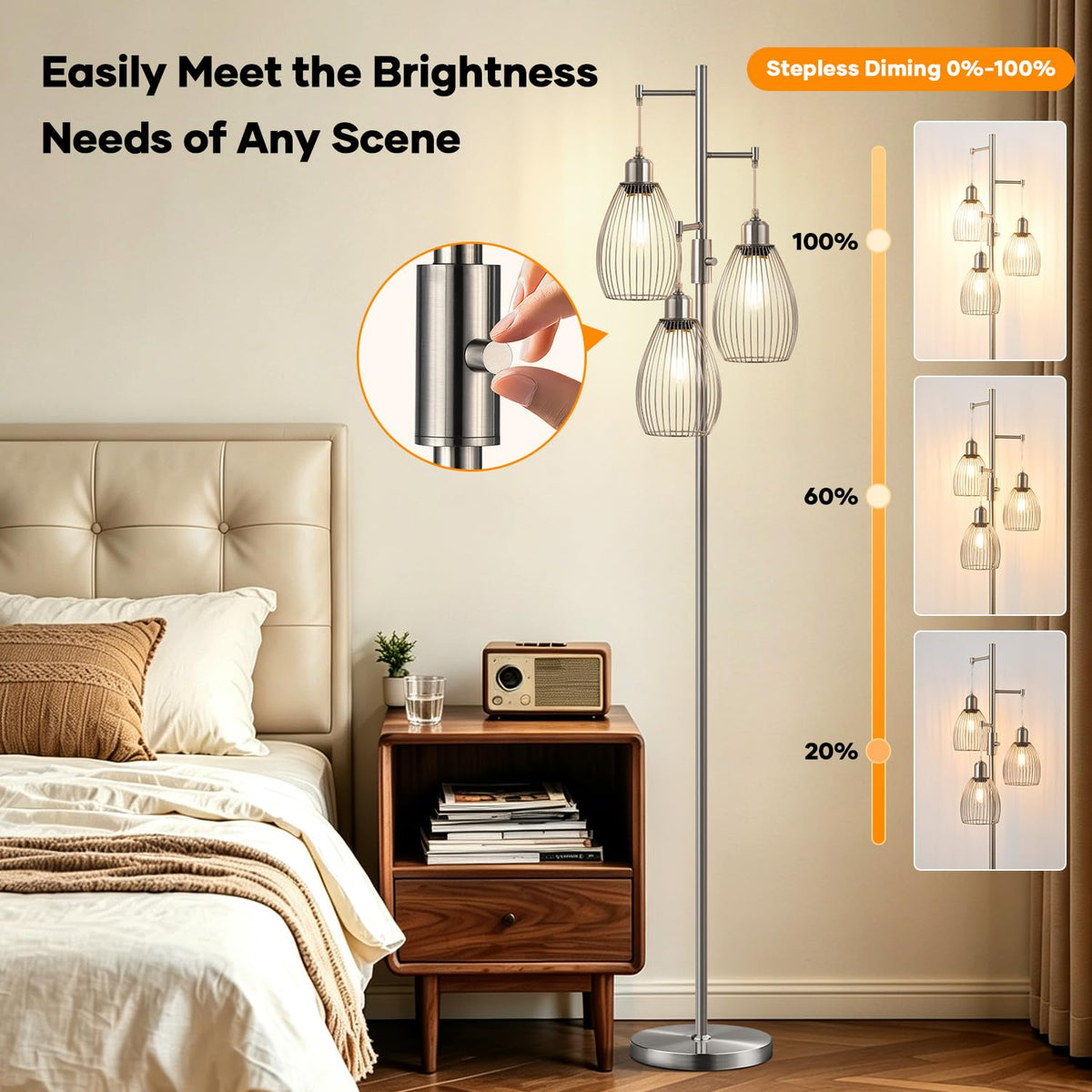 Dimmable Floor Lamp, 3 x 800LM LED Edison Bulbs Included, Industrial Floor Lamp Standing Tree Lamp with Elegant