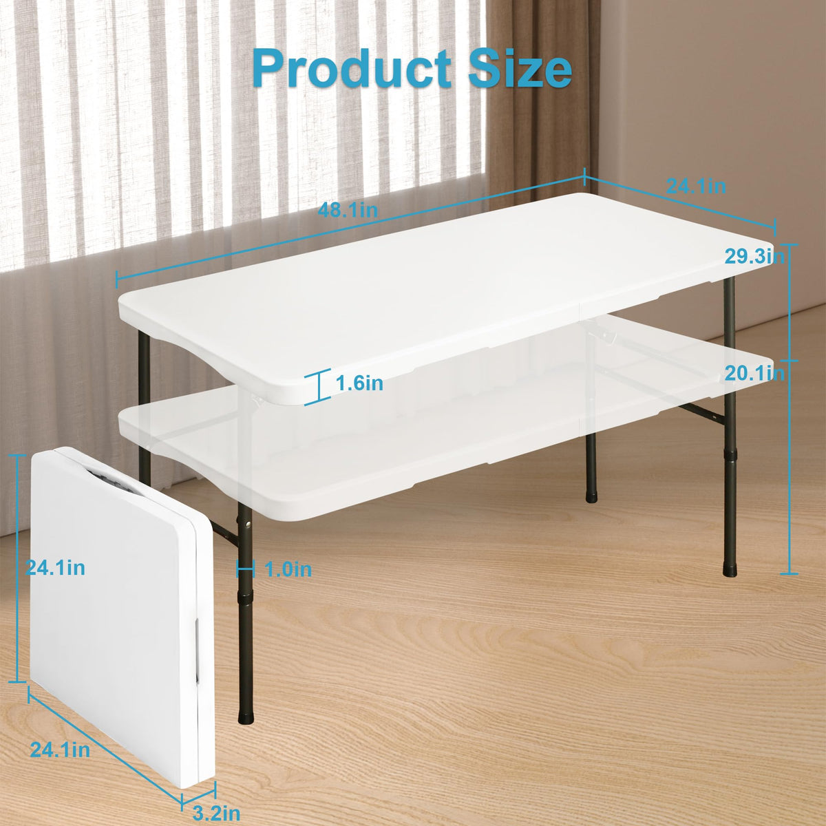 4ft Portable Folding White Event Table, Plastic Pinic Camping Table wiht 2 Adjustable Heights, Indoor Outdoor Heavy